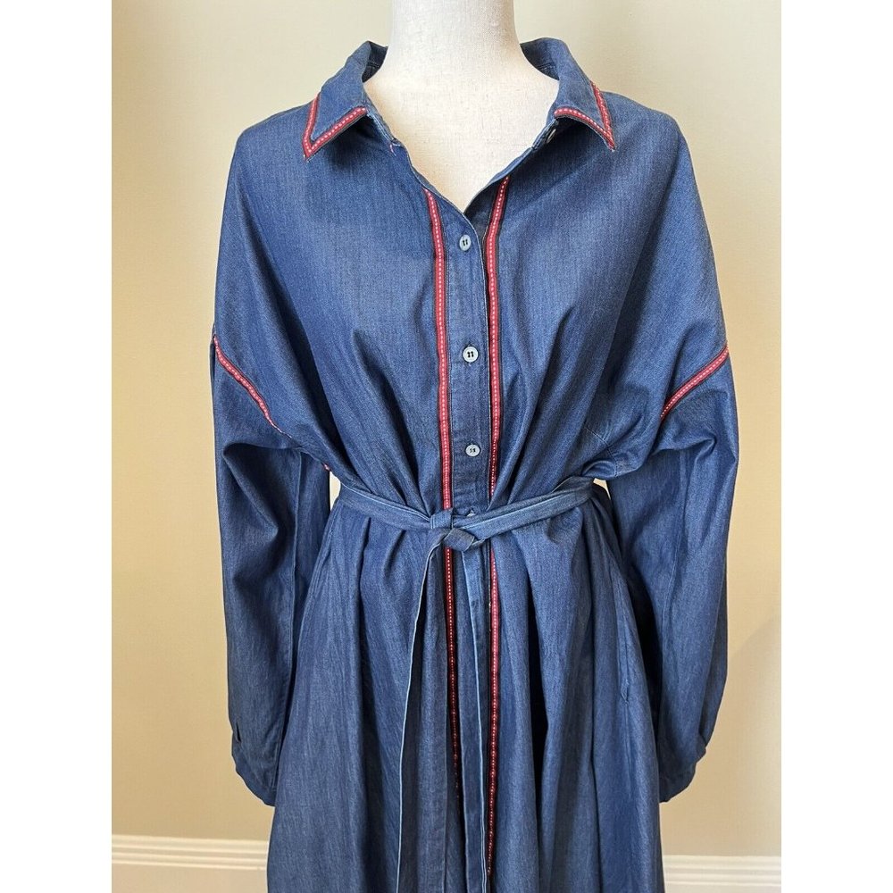 Eloquii Dark Blue Chambray Midi Dress Women’s Size 20 Tie Waist Red Trim Classic